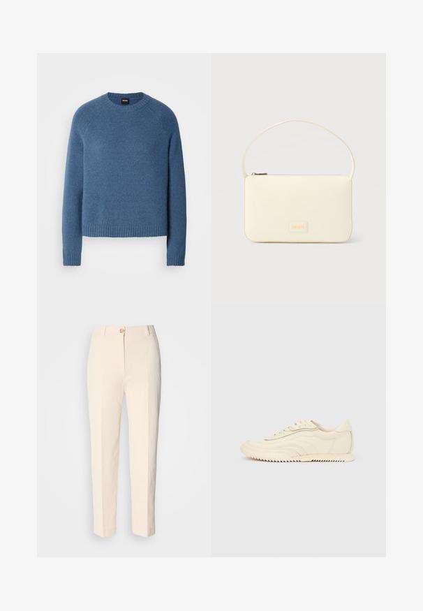 Pull bleu confortable en fabric doux, avec un col et des poignets côtelés, une coupe décontractée et une texture subtile.; Pantalons taille haute couleur crème en tissu texturé. Dotés d'une fermeture à bouton à l'avant et de jambes fuselées.; Baskets basses de couleur crème avec des coutures ondulées, une fermeture à lacets et une semelle crantée, vues de côté sur un fond uni.; Sac à main rectangulaire de couleur crème avec une seule sangle et une fermeture éclair sur le dessus, comportant une petite plaque de logo embossé à l'avant.