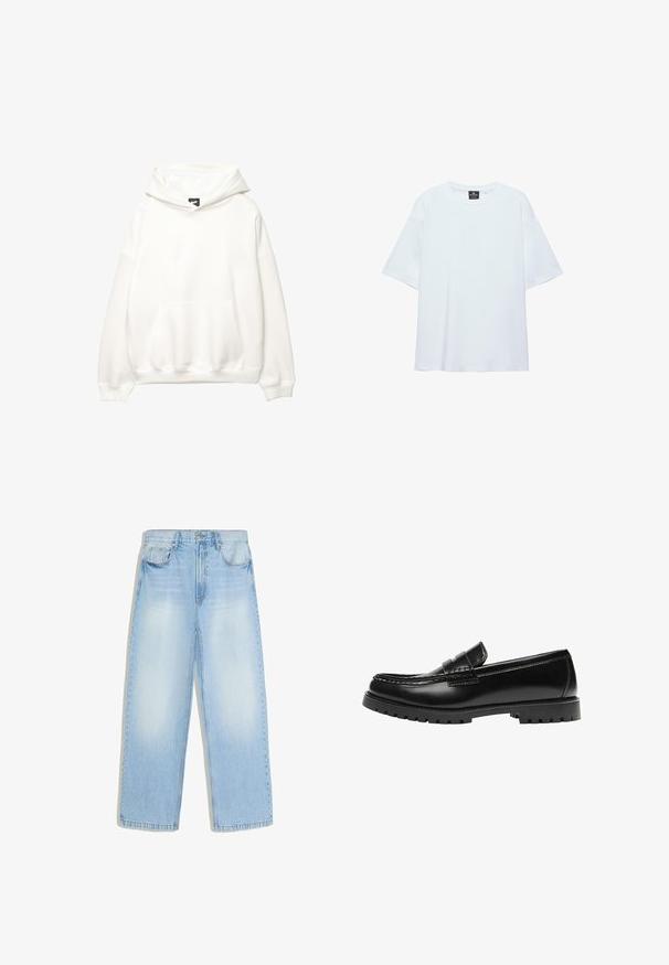 Hoodie blanc avec une poche avant, capuche à cordon de serrage et poignets côtelés. Texture lisse avec un branding minimaliste sur la poitrine.; T-shirt blanc uni oversize à manches courtes avec col rond et étiquette noire à l'intérieur du col sur fond blanc.; Jean denim bleu clair à jambes larges avec poches avant, passants de ceinture et zones décolorées aux cuisses et aux genoux.; Mocassin en cuir noir avec une semelle en caoutchouc épaisse et un détail classique de bride à monnaie, vu de côté extérieur.