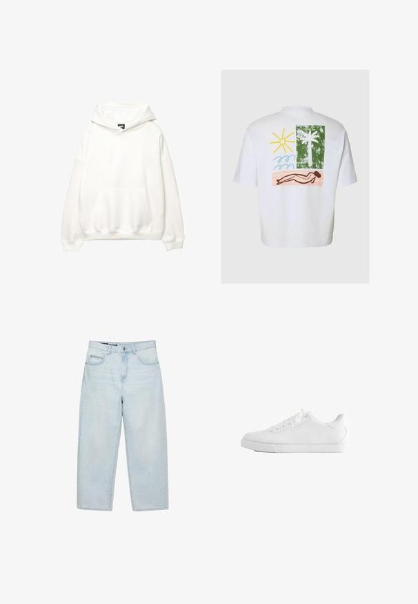 Hoodie blanc avec une poche avant, capuche à cordon de serrage et poignets côtelés. Texture lisse avec un branding minimaliste sur la poitrine.; T-shirt blanc avec un imprimé coloré au dos représentant un soleil jaune, des vagues bleues, un palmier vert et une silhouette marron allongée sur une serviette de plage rose.; Jean ample taille haute bleu clair avec poches avant et fermeture à boutons, présenté sur un fond blanc.; Baskets basses blanches avec lacets, dessus en cuir lisse et semelle extérieure en caoutchouc plate, vues de côté sur fond blanc.