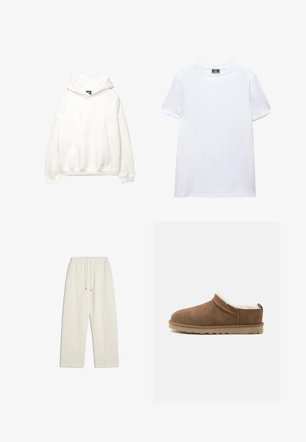 Hoodie blanc avec une poche avant, capuche à cordon de serrage et poignets côtelés. Texture lisse avec un branding minimaliste sur la poitrine.; T-shirt blanc uni à manches courtes, col rond, avec une étiquette noire Pull&Bear à l'intérieur du col, présenté sur fond blanc.; Pantalons de survêtement larges couleur beige clair en tissu doux. Dotés d'une taille élastique avec cordon de serrage et de poches latérales pour plus de praticité.; Chausson marron en daim à enfiler avec semelle beige et doublure polaire blanche, conçu pour la chaleur et le confort à l’intérieur.