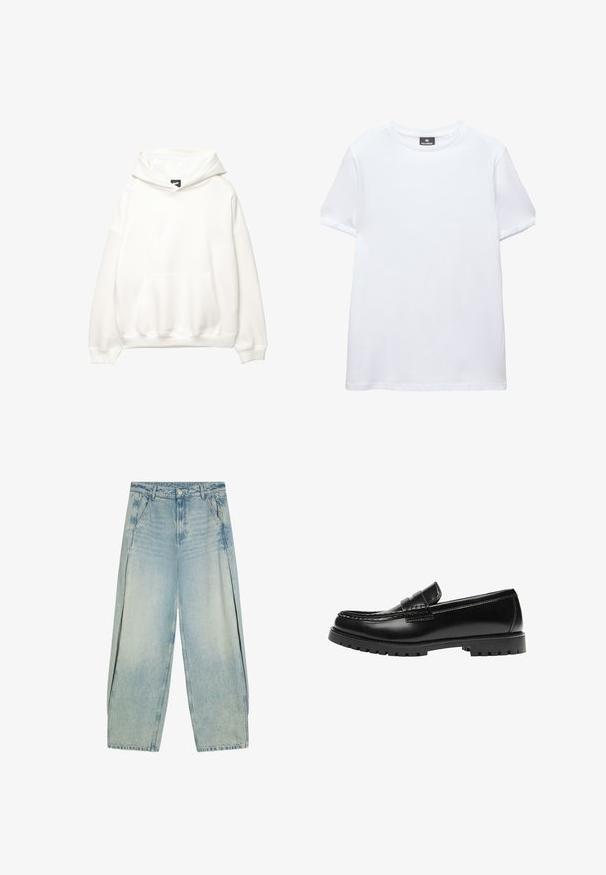 Hvid hættetrøje med en frontlomme, snor i hætten og ribbede manchetter. Glat tekstur med minimal branding på brystet.; Simpel hvid t-shirt med korte ærmer og rund halsudskæring med en sort Pull&Bear mærkat indeni kraven, vist på en hvid baggrund.; Lyseblå vide cowboybukser med forlommer, bæltestropper og knaplukning.; Sort læderloafer med en kraftig gummisål og klassiske penny-strap detaljer, vist fra ydersiden.
