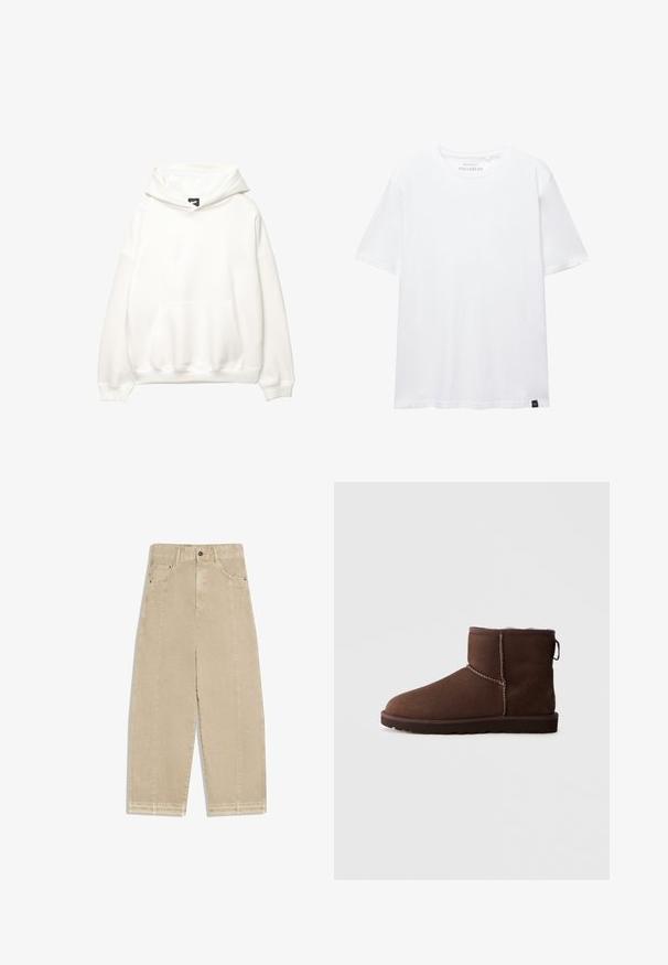 Hvid hættetrøje med en frontlomme, snor i hætten og ribbede manchetter. Glat tekstur med minimal branding på brystet.; Hvid kortærmet T-shirt i almindelig pasform med rund halsudskæring og lille sort stofetiket i bundkanten.; Beige vidbensjeans med høj talje, forlommer, knaplukning og frynser ved kanten.; Brune ruskindsankelstøvle med synlig syning, flad sål og blød foring, set fra ydersiden mod en ensfarvet baggrund.