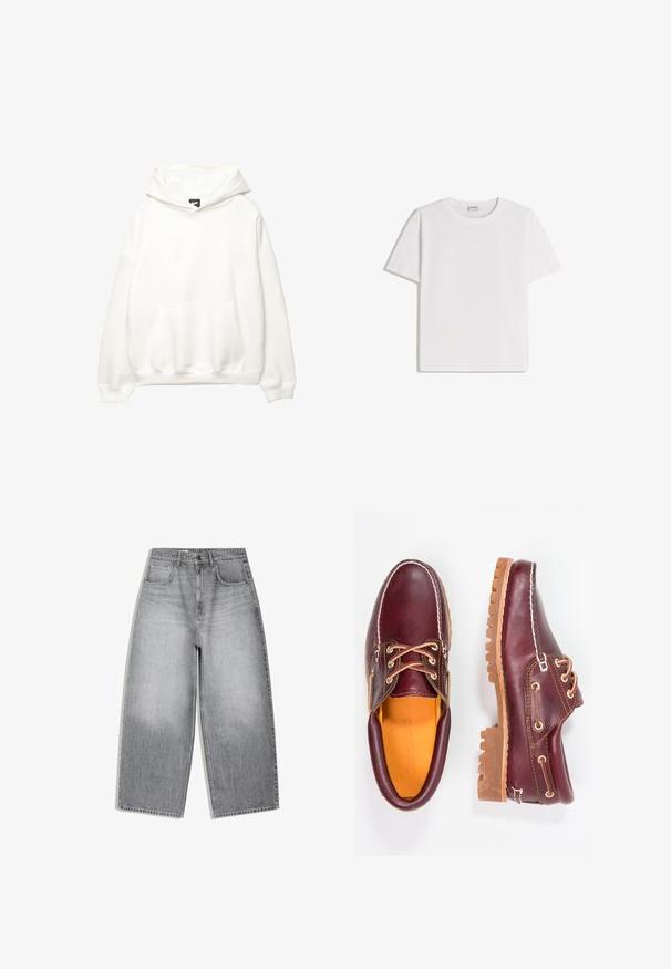 Hoodie blanc avec une poche avant, capuche à cordon de serrage et poignets côtelés. Texture lisse avec un branding minimaliste sur la poitrine.; T-shirt en coton blanc avec un col rond et des manches courtes. Présente une coupe classique et carrée, sans motifs ni accents visibles.; Jean en denim gris taille haute avec une coupe large aux jambes, poches avant et fermeture à boutons, présenté à plat sur fond blanc.; Chaussures en cuir bourgogne avec semelles en caoutchouc marron, bout rond, couture blanche et œillets dorés. L'intérieur présente une doublure jaune.