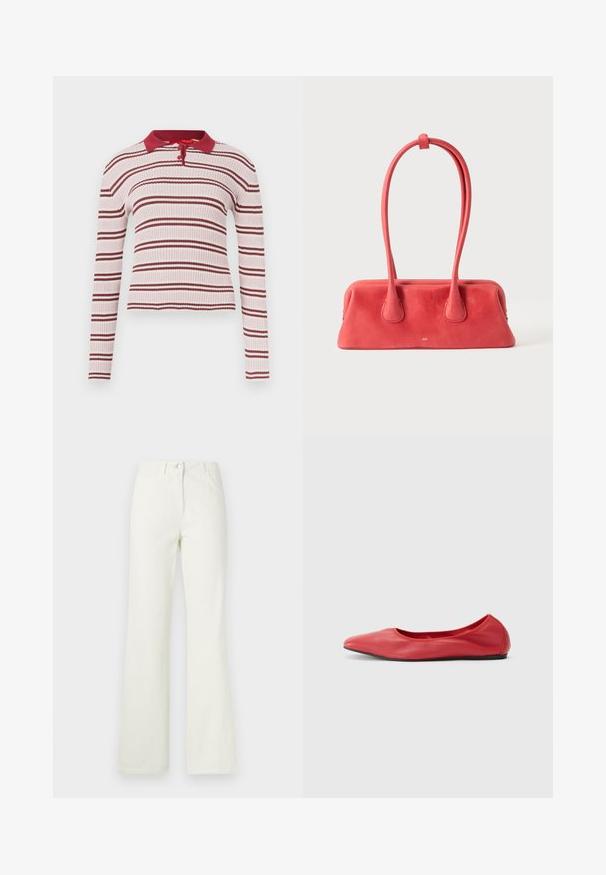 Haut à manches longues côtelé rose clair avec des rayures horizontales bordeaux, col polo et patte de boutonnage à trois boutons. La texture semble douce et extensible.; Jean blanc évasé avec cinq poches, une fermeture avant à boutons et des passants pour ceinture, fabriqué en tissu mélangé de coton lisse.; Filippa K REY FLATS - Ballerines - bright red; Sac à main en cuir rouge avec une longue poignée fine bouclée et fixée en haut, présenté sur un fond clair uni.