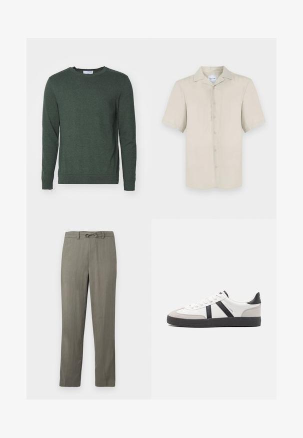 Groene ronde hals trui gemaakt van een textuur gebreide stof. Heeft lange mouwen en ribgebreide boorden en onderkant voor een aansluitende look.; Beige kortemouwen shirt met een klassieke kraag, knoopsluiting aan de voorkant, een gladde stoftextuur en een rechte zoom.; Lichtgrijze herenbroek van linnenmix met een trekkoord in de taille, rechte pijpen en een subtiele textuur; voorzien van standaardzakken en geen opvallende patronen.; Witte sneaker met zwarte en grijze accenten, voorzien van een grijze neus met textuur, zwarte rubberen zool en platte witte veters. Schoon ontwerp, minimalistische stijl.