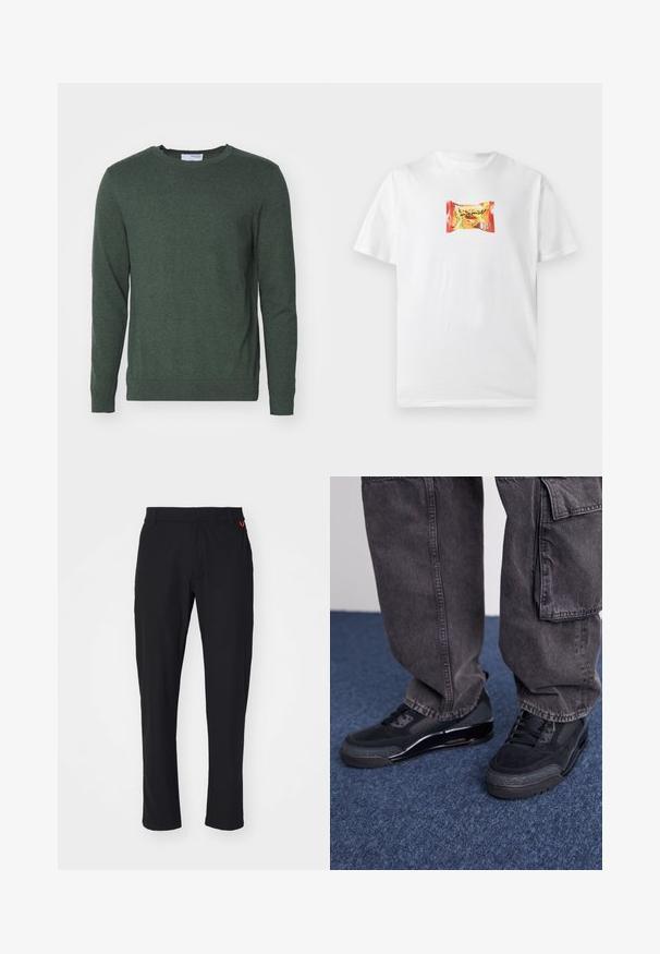 Jersey de cuello redondo verde hecho de una tela de punto texturizada. Presenta mangas largas y puños y dobladillo acanalados para un aspecto ajustado.; Camiseta blanca de manga corta con una pequeña gráfica colorida de un paquete de snack con texto en negrita y guisantes verdes en la parte central del pecho.; Pantalones ajustados negros, confeccionados en una tela ligera y suave, con cierre de cremallera en el frente y dos bolsillos laterales. Acento del logo en color naranja en la cinturilla.; Zapatillas deportivas negras con una superficie texturizada, acentos suaves y una suela gruesa, combinadas con pantalones cargo oscuros y holgados.