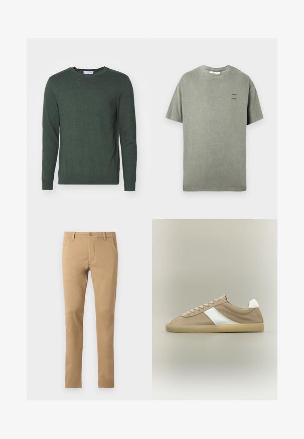 Grøn crew neck sweater lavet af et struktureret strikket stof. Har lange ærmer og ribbede manchetter og kant for et tætsiddende udseende.; Kortærmet falmet olivengrøn T-shirt med lille sort "SAMSØE" tekstlogo to gange på venstre bryst og rund halsudskæring.; Slim-fit beige chinos med knaplukning, forlommer og en glat tekstur. Enkelt design, tætsiddende ben og ren søm.; Lys brun ruskindssneaker med beige sål, hvid hælkappe, hvid sideliste og snørelukning på neutral baggrund.