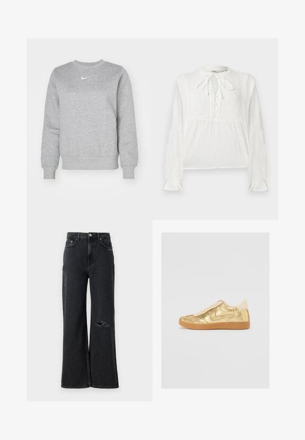 Huppari harmaata pehmeästä kankaasta, jossa on pyöreä kaula-aukko, ribbitaskut ja pieni valkoinen Nike-logo rinnassa.; Valkoinen pitkähiha-pusero, jossa teksturoitu kangas, kirjailtu kukkakuvio, napillinen etulista ja solmittava kaulanympärystä.; Laaja lahje mustat farkut korkealla vyötäröllä, joissa on revitty haava vasemmassa polvessa ja klassiset metallinapit sekä niitit.; Kultaiset tennarit, joissa on halkeillut metallinen pinta, beige korostukset, teksturoitu kieli ja kumipohja. Matalat nilkkamallit, joissa on nauhakiinnitys.