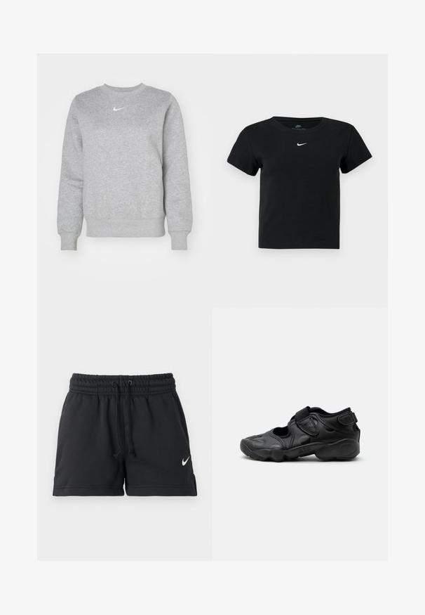Grau Sweatshirt aus weichem Stoff, mit Rundhalsausschnitt, gerippten Bündchen und kleinem weißen Nike-Logo auf der Brust.; Schwarzes, geripptes T-Shirt mit kurzen Ärmeln, das ein kleines weißes Nike-Logo auf der Brust und einen runden Halsausschnitt hat.; Schwarze Nike-Sportshorts mit elastischem Bund, Kordelzug, seitlichen Taschen und weißem Swoosh-Logo am linken Bein.; Schwarze sportliche Sandale mit geschlossenem Zehenbereich, Klettverschlüssen am Mittelfuß und an der Ferse sowie einer dicken gepolsterten Sohle mit der Aufschrift „AIR“ an der Seite.