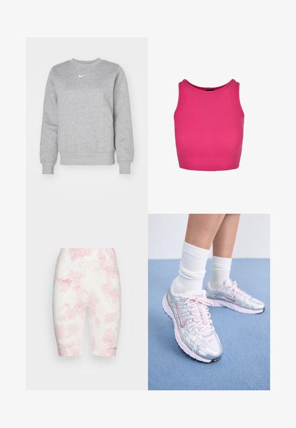 Sivá mikina vyrobená z mäkkej tkaniny, s okrúhlym výstrihom, ribbovanými manžetami a malým bielym logom Nike na hrudi.; Súper tesný top bez rukávov v jasne ružovej rebrovanej látke. Má okrúhly výstrih a skrátený strih, s hladkým šitím pozdĺž okrajov.; FUBU CORPORATE TIEDYE CYCLING - Šortky - pink; Bežecké tenisky Nike s strieborným sieťovaným vrchom a ružovými akcentmi, bielymi šnúrkami a štruktúrovanou podrážkou. Nosí sa s bielymi bavlnenými športovými ponožkami.