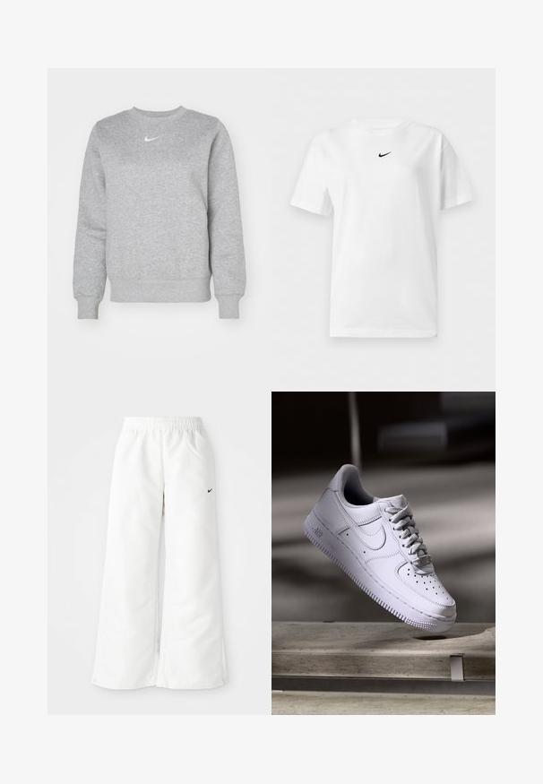 Sivá mikina vyrobená z mäkkej tkaniny, s okrúhlym výstrihom, ribbovanými manžetami a malým bielym logom Nike na hrudi.; Biele tričko s krátkym rukávom a okrúhlym výstrihom s malým čiernym logom Nike Swoosh umiestneným v strede blízko goliera.; Biele športové nohavice so širokým strihom, elastickým pásom a malým čiernym logom Nike na ľavej strane. Hladký, ľahký materiál.; Biele tenisky Nike Air Force 1 vznášajúce sa nad betónovým povrchom so tieňmi v minimalistickom prostredí.