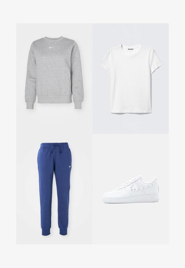 Grå sweatshirt lavet af blødt stof, med rund hals, ribbede manchetter og et lille hvidt Nike-logo på brystet.; Enkelt hvid T-shirt med korte ærmer og rund halsudskæring med en "WEEKDAY" label indeni kraven, vist på en lys grå baggrund.; Blå Nike sweatpants med elastisk talje, snøre, afsluttende ankler og hvid Nike swoosh-logo på venstre lår.; Hvid Nike Air Force 1 sneakers med nittebesat Swoosh-detalje og tyk sål, vist mod en ensartet lysegrå baggrund.