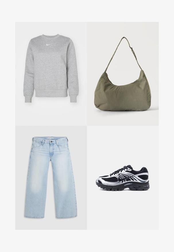 Sivá mikina vyrobená z mäkkej tkaniny, s okrúhlym výstrihom, ribbovanými manžetami a malým bielym logom Nike na hrudi.; Svetlomodré nohavice s širokými nohavicami vyrobené z denimu. Majú rovný strih, dizajn s piatimi vreckami a zapínanie na gombík na páse.; Čierna a strieborná bežecká topánka Nike s vrchnou časťou z priedušnej sieťoviny, podrážkou s vzduchovým vankúšom a šnúrkami, zobrazená z boku na bielom pozadí.; Olivovo zelená mäkká látková taška cez rameno so zipsovým uzáverom a nastaviteľným popruhom na svetlom jednofarebnom pozadí.