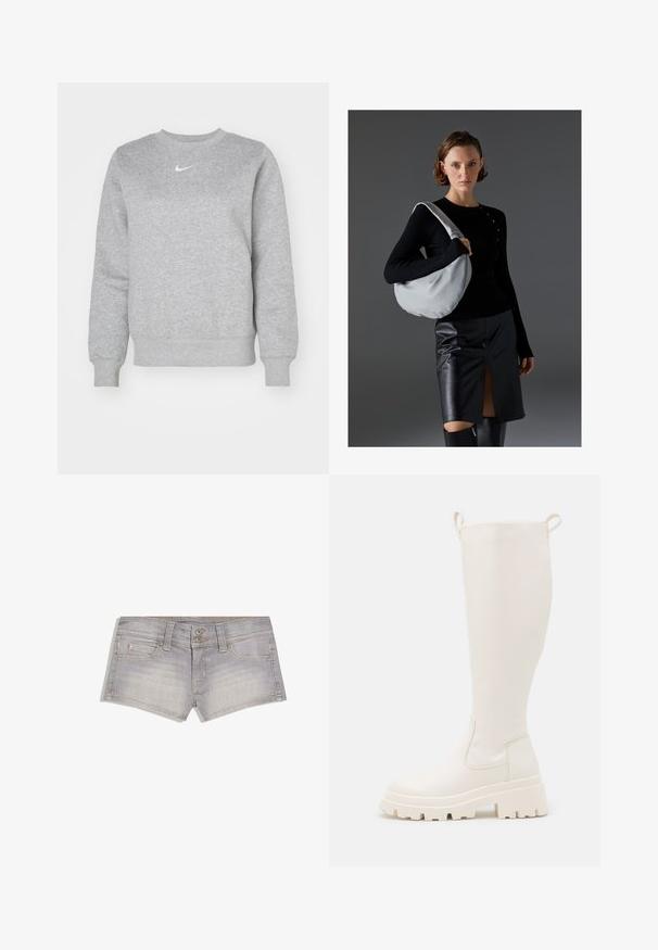 Grau Sweatshirt aus weichem Stoff, mit Rundhalsausschnitt, gerippten Bündchen und kleinem weißen Nike-Logo auf der Brust.; Grau gefärbte Jeansshorts mit ausgefranstem Saum, zwei Vordertaschen, zwei Gesäßtaschen und Metallknopfverschlüssen. Dezente Nahtdetails an den Kanten.; Knöchelhohe weiße Gummistiefel mit einer robusten Sohle und elastischen seitlichen Einsätzen. Verfügt über Zuglaschen an der Oberseite für leichteres Anziehen. Glatte Textur.; Hobo-Tasche in Hellgrau, aus weichem Material, runder Form. Gestylt mit einem schwarzen Langarmtop und einem schwarzen Lederrock mit einem Schlitz auf der Vorderseite.