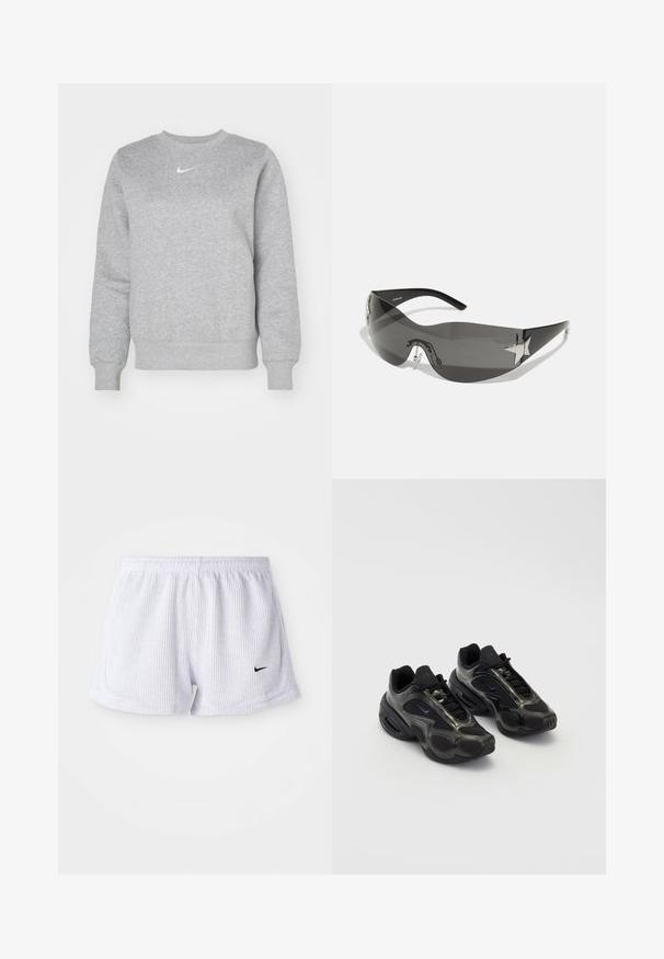 Grå sweatshirt lavet af blødt stof, med rund hals, ribbede manchetter og et lille hvidt Nike-logo på brystet.; Hvide ribbede sports-shorts med elastisk talje og lille sort Nike-logo på nederste venstre side. Enkel, minimalistisk design.; Sorte sportssko lavet af syntetisk materiale med mesh-detaljer og afrundede såler. Har snørresystem og fremtrædende Nike-logo på tungen.; Sorte solbriller med wrap-around design, mørktonede linser, skinnende stjerneformede detaljer og justerbare næsepuder.