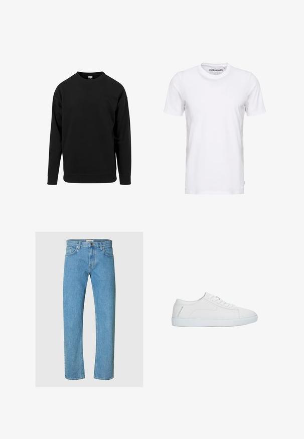 Schwarzes Sweatshirt aus weichem Stoff. Verfügt über einen runden Halsauschnitt, lange Ärmel und gerippte Bündchen sowie einen Saum. Einfaches, unauffälliges Design.; Weißes T-Shirt mit kurzen Ärmeln aus Baumwolle, mit Rundhalsausschnitt und einem schlichten Design. Markentag im Nackenbereich sichtbar. Keine Muster oder Verzierungen.; Hellblaue Jeans aus Denim verfügen über ein gerades Bein-Design, einen Five-Pocket-Stil und einen Reißverschluss mit Metallknopfverschluss.; Weißer niedriger Sneaker mit Schnürdesign, glattem Lederobermaterial und flacher Gummisohle, seitlich auf weißem Hintergrund dargestellt.