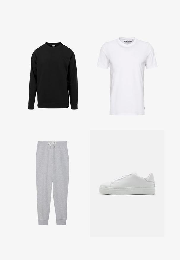 Sort sweatshirt lavet af blødt stof. Har en rund halsudskæring, lange ærmer og ribbede manchetter og kant. Enkel, udekoreret design.; Hvid t-shirt med korte ærmer lavet af bomuld, med en rund hals og et enkelt design. Brandtag synlig på halsområdet. Ingen mønstre eller accenter.; Grå sweatpants lavet af blødt stof, med en elastisk talje med snoretræk, sidelommer og ribbede mansjetter ved anklerne.; Hvide lædersneakers med en chunky platformsål, rund tå og seks snørehuller. Glat tekstur med subtile syninger.