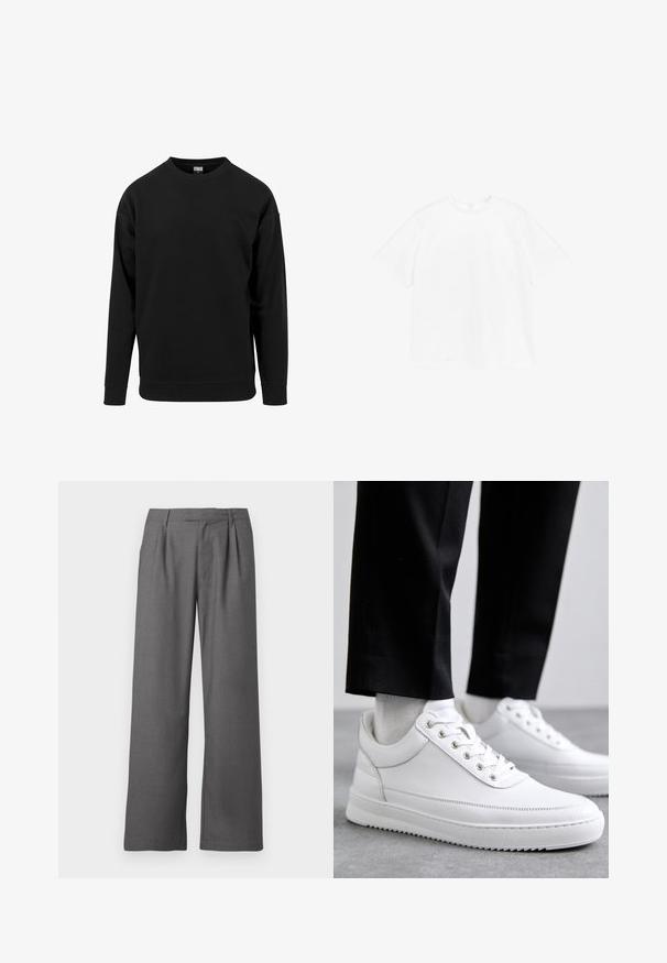 Sort sweatshirt lavet af blødt stof. Har en rund halsudskæring, lange ærmer og ribbede manchetter og kant. Enkel, udekoreret design.; Kortærmet crewneck t-shirt i ensfarvet hvid bomuld. Standard pasform med et simpelt design og ingen synlige mønstre eller accenter.; Grå vide benbukser lavet af glat stof, med en plisseret front, sidelommer og en skrædderlavet talje med bæltestropper.; Hvide lædersneakers med en flad gummisål, der har en glat overflade, rund tå og metaløjer til snørebånd. Bæret med sorte bukser.