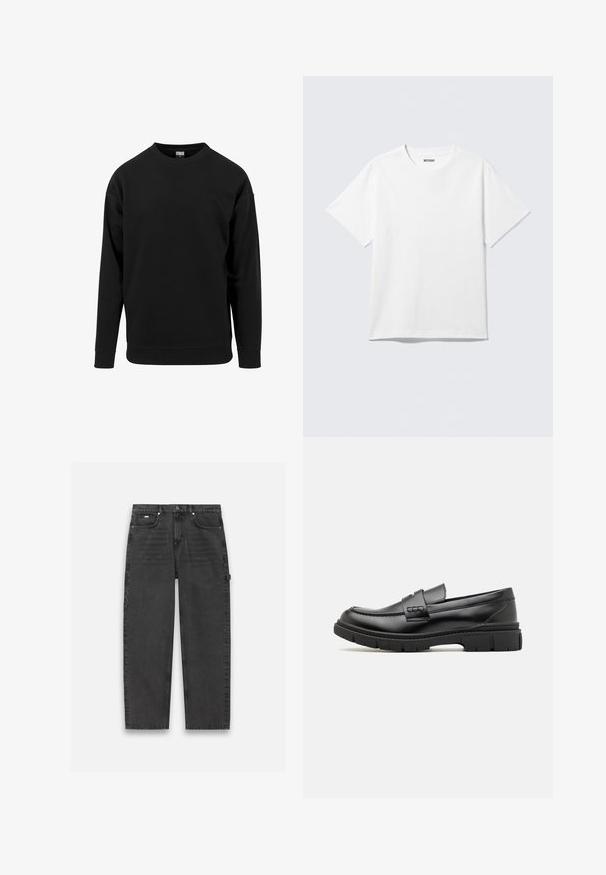 Sort sweatshirt lavet af blødt stof. Har en rund halsudskæring, lange ærmer og ribbede manchetter og kant. Enkel, udekoreret design.; Hvid kortærmet crewneck T-shirt lagt fladt ud, ensfarvet design, med "WEEKDAY" mærkat inde i kraven på en lys baggrund.; Mørkegrå denim bukser med lige ben design, fem-lomme stil og en synlig knap- og lynlåslukning. Har minimal detaljer.; Sort læder loafersko med en bred rem over forfoden, gummisål med tykke mønstre og glat overflade. Klassisk, slankt design.