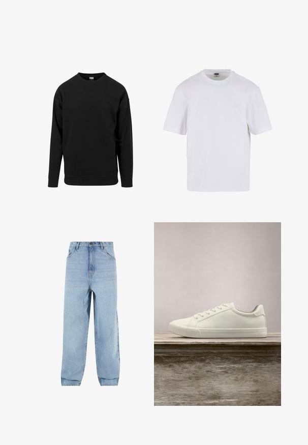 Zwarte sweatshirt gemaakt van zachte stof. Heeft een ronde halslijn, lange mouwen en ribbelboorden en -zoom. Eenvoudig, onopgesmukt ontwerp.; Witte kraagloze t-shirt met korte mouwen, gemaakt van katoen. Heeft een ronde halslijn en een losse pasvorm. Soepele textuur, minimalistisch ontwerp, geen patronen of accenten.; Lichtblauwe denim jeans met een losse pasvorm, hoge taille en vijf zakken. Voorzien van riemlussen en een knoopsluiting. Glad textuur.; Witte vetersneaker die boven een houten bank zweeft met groene bladeren op de achtergrond, waarbij het ontwerp en de textuur van de schoen worden getoond.