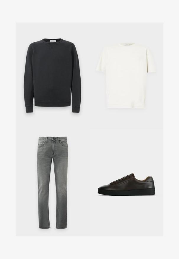 Sweatshirt noir à manches longues, col rond, avec des poignets et un ourlet côtelés, un détail de point en V subtil sous le col, et une étiquette de la marque à l'intérieur du col.; T-shirt blanc à manches courtes, en coton doux, avec un col rond et une coupe régulière. Texture lisse et design minimaliste.; Jeans slim gris avec poches avant et fermeture à bouton, présentés sur un fond blanc.; Baskets basses en cuir marron foncé avec semelle en caoutchouc noire, lacets à l'avant et design minimaliste épuré sur fond clair.