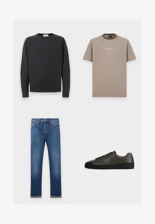 Sort langærmet crewneck sweatshirt med ribbede manchetter og kant, diskret V-syning under kraven og mærke etikette inden i halsudskæringen.; Brun bomulds t-shirt med korte ærmer og rund krave. Har en kontrasterende mørkebrun krave og hvid "EMPORIO ARMANI" logo.; Herre jeans i blå denim med lige ben, knappelukning, fem-lomme design og opbukket kant mod en hvid baggrund.; Lavtskåret mørkegrå læder sneaker med sorte snørebånd og sål, minimalistisk design, sideprofil på en ensfarvet lys baggrund.