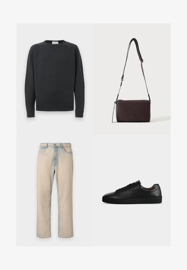 Sweatshirt noir à manches longues, col rond, avec des poignets et un ourlet côtelés, un détail de point en V subtil sous le col, et une étiquette de la marque à l'intérieur du col.; Jean en denim beige clair avec une coupe droite, des accents bleu délavé, cinq poches et une fermeture à bouton à la taille.; Basket basse en cuir noir avec lacets noirs, semelle en caoutchouc texturée et petit logo embossé sur le côté, présenté de profil sur fond gris.; Sac bandoulière en cuir marron foncé texturé avec une sangle réglable et un petit accent décoratif bleu sur le côté.