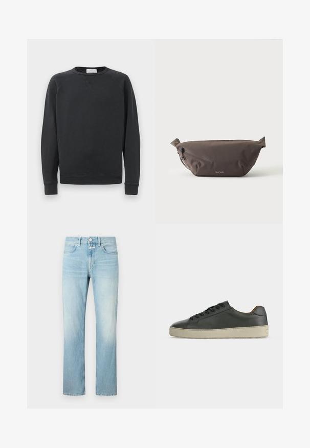 Zwarte lange mouw crewneck sweatshirt met geribbelde manchetten en onderrand, subtiele V-stiksel detail onder de kraag en merklabel aan de binnenkant van de hals.; Lichtblauwe denim jeans met een rechte pijp, voorzien van een klassiek vijf-pocket ontwerp en een knopenfly sluiting.; Zwarte lage leren sneaker met zwarte veters en off-white rubberen zool, gezien vanaf de buitenkant op een witte achtergrond.; Donkerbruine stoffen heuptas met diagonale ritssluiting en klein wit logo aan de voorkant, tegen een effen lichte achtergrond.
