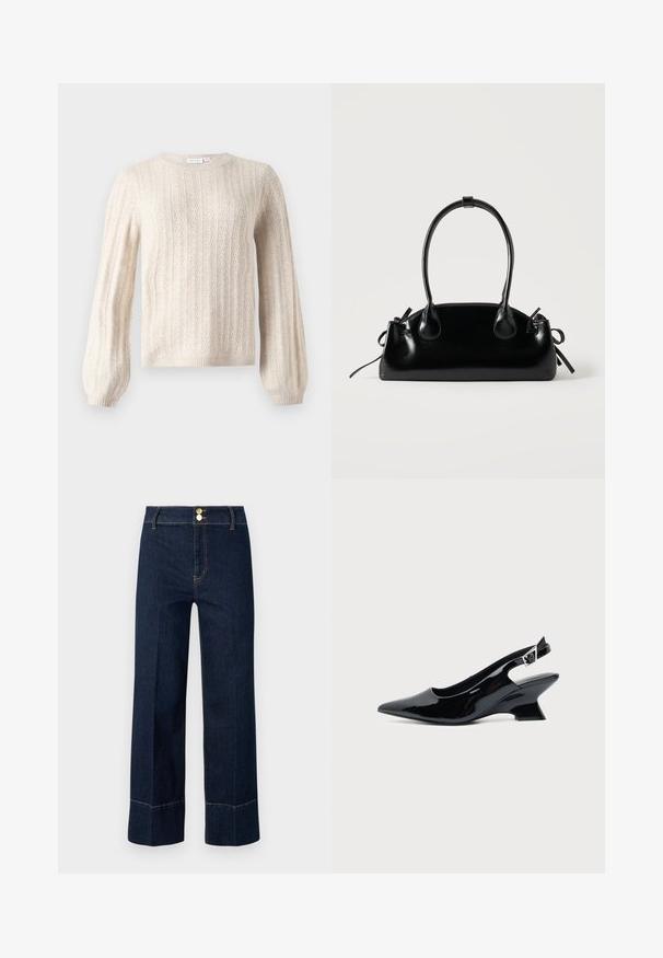 Pull en maille torsadée couleur crème avec de longues manches bouffantes et des poignets et un bas côtelés, doté d'un col rond.; Jeans taille haute large bleu marine avec double bouton doré et surpiqûres orange visibles sur un fond clair.; Chaussure slingback en cuir verni noir avec bout pointu et petit talon bloc incliné sur fond clair uni.; Petit sac à main noir brillant avec deux longues anses et des détails à cordon sur les côtés sur un fond clair uni.