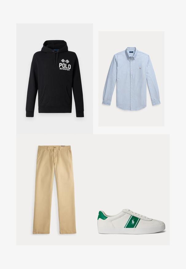 Sort hættetrøje lavet af bomuldsblanding med en front kangaroo lomme. Har hvid "POLO MOTORSPORT" tekst og et design med krydsede ternede flag.; Lyseblå langærmet skjorte med hvide lodrette striber og et lille broderet Polo Ralph Lauren-logo på brystet.; Beige bukser med lige ben, bæltestropper, sidelommer og en knappet talje på hvid baggrund.; Hvid low-top sneaker med grøn stribe og Polo-logo på siden, grøn hæl-flik og hvide snørebånd, vist fra venstre side på ensfarvet baggrund.