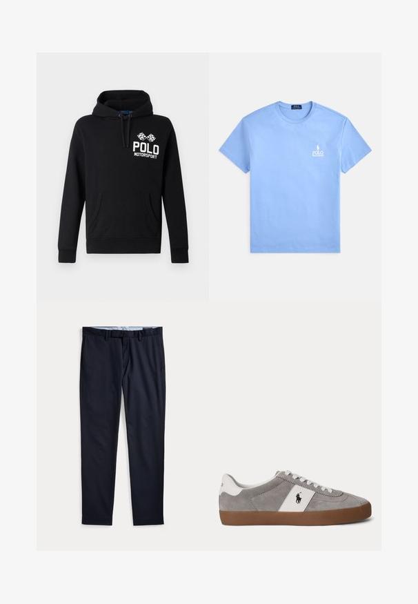 Schwarzer Hoodie aus Baumwollmischung mit einer frontalen Kängurutasche. Mit weißem "POLO MOTORSPORT" Text und einem Design mit gekreuzten Schachbrettflaggen.; Hellblaues Baumwoll-T-Shirt mit Rundhalsausschnitt und kurzen Ärmeln. Mit einem weißen, auf der linken Brust eingestickten Logo.; Marineblaue Herrenhose mit Gürtelschlaufen, Reißverschluss und Seitentaschen, flach auf weißem Hintergrund ausgelegt.; Low-Top grauer Wildleder-Sneaker mit weißen Schnürsenkeln, weißer Ferse und Seitenpanel mit schwarzem Polo-Spieler-Logo und brauner Gummisohle.