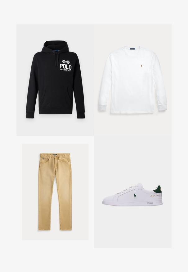 Schwarzer Hoodie aus Baumwollmischung mit einer frontalen Kängurutasche. Mit weißem "POLO MOTORSPORT" Text und einem Design mit gekreuzten Schachbrettflaggen.; Weißes Langarmshirt mit Rundhalsausschnitt und kleinem besticktem Polo Ralph Lauren-Logo auf der linken Brust.; Beige Baumwolljeans mit schlanker Passform, fünf Taschen-Design und sichtbaren Nähten. Verfügt über einen Metallknopf und ein Etikett am Bund.; Weißer Sneaker mit niedrigem Schaft, grünem Fersenlasche, gesticktem Polo-Pferdelogo an der Seite, "Polo"-Schriftzug auf der Sohle und goldener "Ralph Lauren"-Signatur am Schaft.
