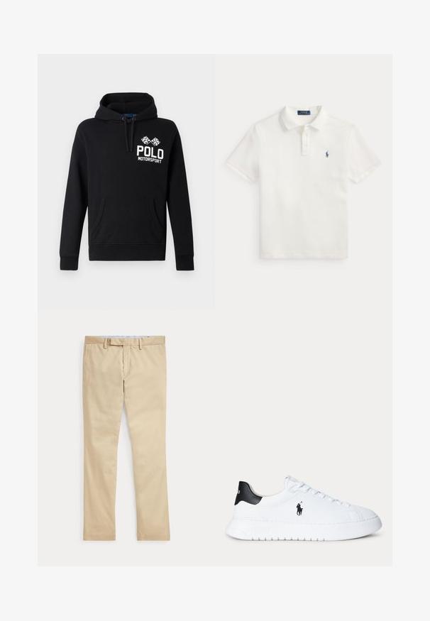 Schwarzer Hoodie aus Baumwollmischung mit einer frontalen Kängurutasche. Mit weißem "POLO MOTORSPORT" Text und einem Design mit gekreuzten Schachbrettflaggen.; Weißes Ralph Lauren Poloshirt mit kurzen Ärmeln, drei Knöpfen und kleinem navyblauem Pferde-Logo auf der linken Brust.; Beige gerade Hose mit Gürtelschlaufen und einem vorderen Reißverschluss, flach auf weißem Hintergrund gelegt.; Weißer Sneaker mit niedrigem Schaft, schwarzer Fersenlasche und schwarzem Polo Ralph Lauren-Logo an der Seite, mit weißen Schnürsenkeln und dicker weißer Sohle.