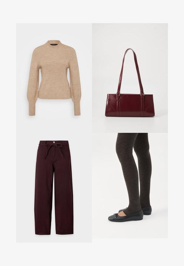 Pull en maille beige avec un col haut et des manches longues, présentant une texture douce et une coupe ajustée. Le tissu semble léger et chaud.; Pantalon taille haute à jambes larges en bordeaux foncé avec boutons sur le devant, fermeture éclair, poches latérales et ceinture en tissu assorti nouée en nœud à la taille.; Jambes portant des leggings côtelés foncés associés à des ballerines noires avec de petits détails en nœud sur fond blanc.; Sac à main bordeaux en matériau brillant, de forme rectangulaire, avec deux anses et des accents légèrement courbés à l'avant.