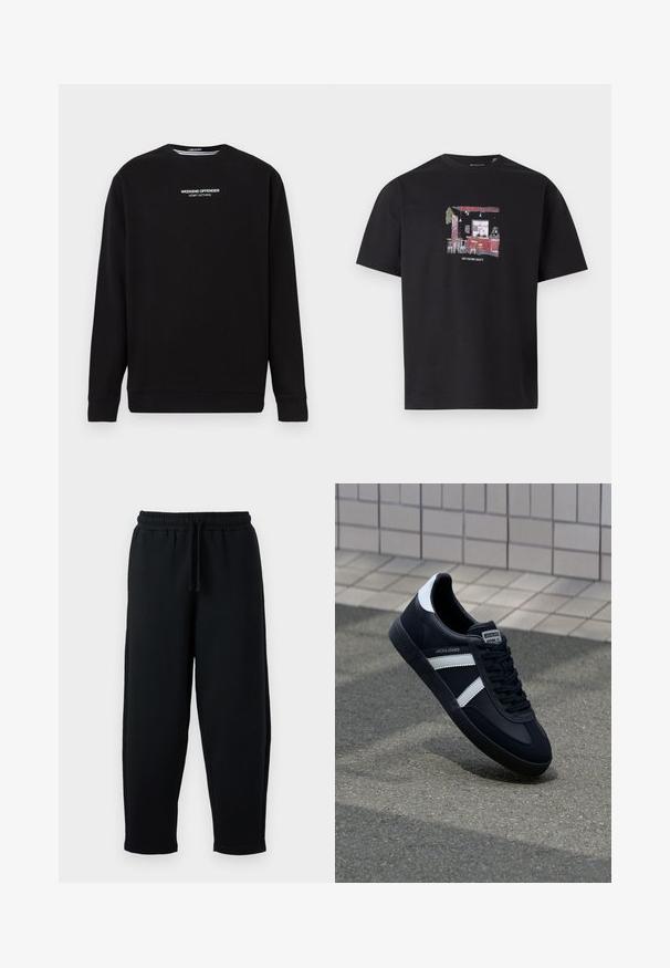 Sweat-shirt noir à manches longues avec le texte blanc « WEEKEND OFFENDER ADMIT NOTHING » centré sur la poitrine.; T-shirt noir avec un graphisme à l'avant d'un intérieur de café, comprenant des chaises, des tables et un comptoir, avec le texte « CAFE CULTURE SOCIETY » en dessous.; Pantalons de survêtement noirs avec une taille élastique et un cordon de serrage. Fabriqués en tissu doux, ils présentent une coupe décontractée et un design de jambe fuselée.; Sneaker en cuir noir avec des rayures blanches, semelle en caoutchouc texturée et devant à lacets. Présente une étiquette de marque sur la languette.