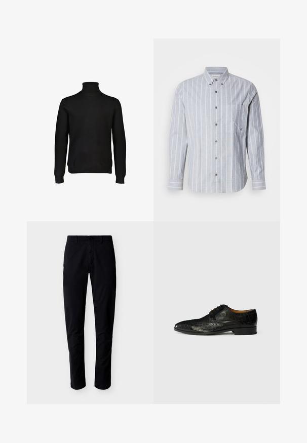 Sort turtleneck sweater lavet af blødt strikstof. Har lange ærmer og ribbet detaljering ved halsudskæringen og kanten. Klassisk silhuet.; Lys blå stribet langærmet skjorte med knap-krave, forlommer og struktureret stof. Har kontrasterende hvide lodrette striber.; Sorte, slanke bukser med bæltestropper, frontknap og lynlås, vist på en hvid baggrund.; Sort læderherresko med spids tå, der har en blanding af glatte og strukturerede krokodillemønstre samt en lav hæl.