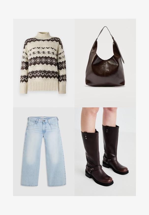 Vero Moda Knitted VMAMPLE Knitted - Pullover - birch; Jean large bleu clair en denim. Présente une coupe droite, un design à cinq poches et une fermeture par bouton à la taille.; Bottines en cuir marron jusqu'aux genoux avec une texture lisse, dotées d'une large sangle et d'accents en métal triangulaires, semelles en caoutchouc plates.; Sac à bandoulière en cuir marron foncé brillant avec une seule large sangle et un détail de boucle sur un côté, posé sur un fond clair uni.