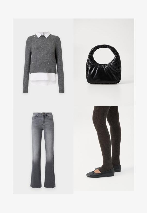 Grå strikket sweater med lange ærmer, der har en hvid krave og perleudsmykninger på fronten. Lagdelt design med en afsluttet bund.; Højtaljede, brede jeans i mørkegråt denim med forlommer, knaplukning og subtilt falmede effekter mod kanten.; Ben iført mørke ribbede leggings kombineret med sorte balletsko med små sløjfedetaljer på hvid baggrund.; Sort polstret håndtaske med et rundt håndtag, der har en glat, skinnende overflade og en blød, kviltet tekstur. Ingen synlige hardware eller accenter.