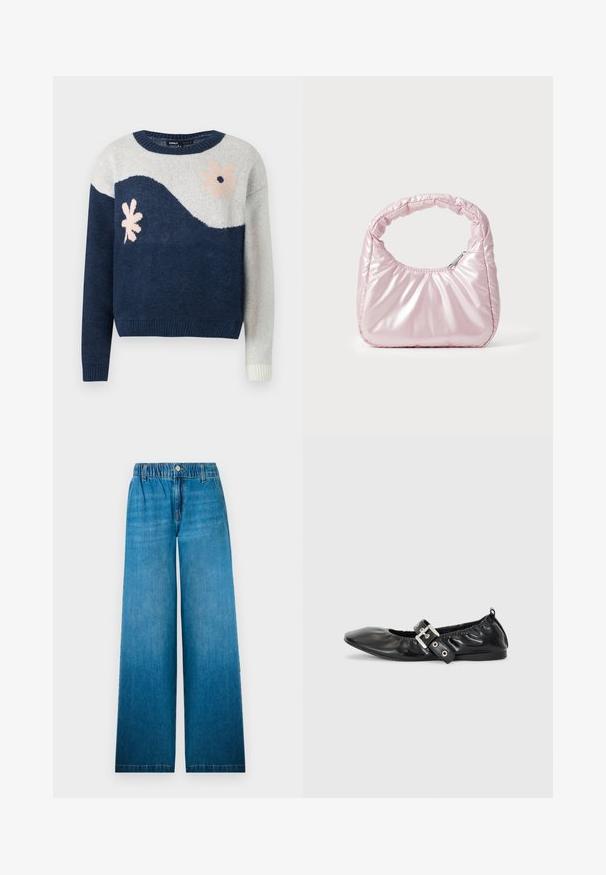 Suéter de punto en navy y gris claro con patrón de olas, diseño floral en rosa y negro, cuello redondo, puños y dobladillo acanalados.; Jeans de pierna ancha fabricados en denim azul claro, con una cinturilla elástica, cierre de botón y un diseño de corte recto con efecto desvanecido.; Zapato plano de piel negra con puntera afilada, detalle fruncido alrededor de la abertura y un acento de hebilla plateada en la correa ajustable.; Bolso de mano acolchado en color rosa con un diseño redondeado, fabricado en material brillante. Presenta un asa fruncida y un cierre de cremallera para un acceso seguro.