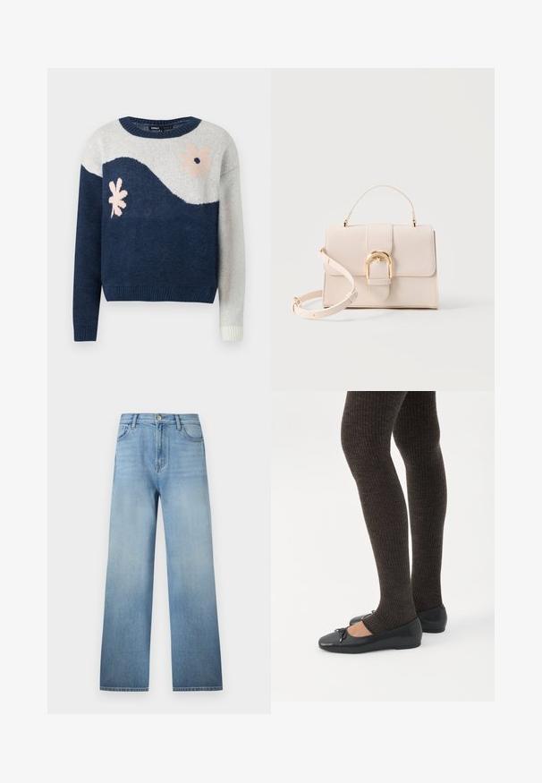 Marineblå og lysegrå strikket sweater med bølgemønster, blomstermotiv i pink og sort, rund hals, ribbede manchetter og kant.; Lyseblå jeans med lige ben, fem-lomme-design, bæltestropper, knaplukning og diskret falmning fra talje til kant.; Ben iført mørke ribbede leggings kombineret med sorte balletsko med små sløjfedetaljer på hvid baggrund.; Beige struktureret håndtaske med top-håndtag, aftagelig skulderrem og guldfarvet buet spænde på en lys baggrund.