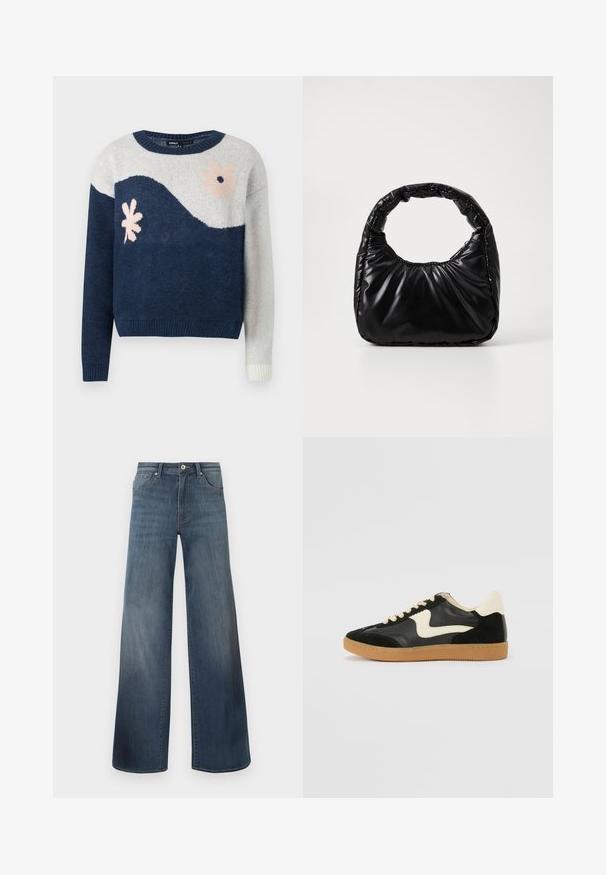 Marineblå og lysegrå strikket sweater med bølgemønster, blomstermotiv i pink og sort, rund hals, ribbede manchetter og kant.; Bredde denim jeans i mørkeblå, med en slidteknik, knaplukning og fem-lomme stil. Glat tekstur, minimal syning detaljer.; Sorte ruskinds- og lædersneakers med en cremefarvet side-swoosh og lys cremefarvet hæl. Har beige snørebånd og en gummirubber-sål.; Sort polstret håndtaske med et rundt håndtag, der har en glat, skinnende overflade og en blød, kviltet tekstur. Ingen synlige hardware eller accenter.
