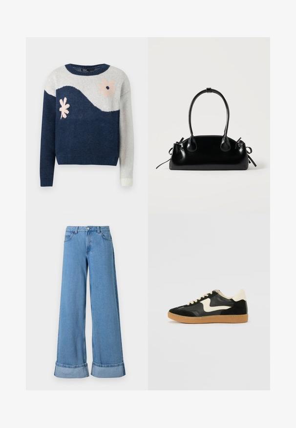 Suéter de punto en navy y gris claro con patrón de olas, diseño floral en rosa y negro, cuello redondo, puños y dobladillo acanalados.; Los vaqueros de denim azul claro de pierna ancha presentan una cintura alta, puños enrollados, un diseño de cinco bolsillos y un cierre de botón con cremallera.; Zapatillas de deporte de ante y cuero negro con un swoosh lateral en crema y un talón en crema claro. Presenta cordones beige y una suela de goma marrón.; Pequeño bolso negro brillante con dos asas largas y detalles de cordón lateral sobre un fondo claro liso.