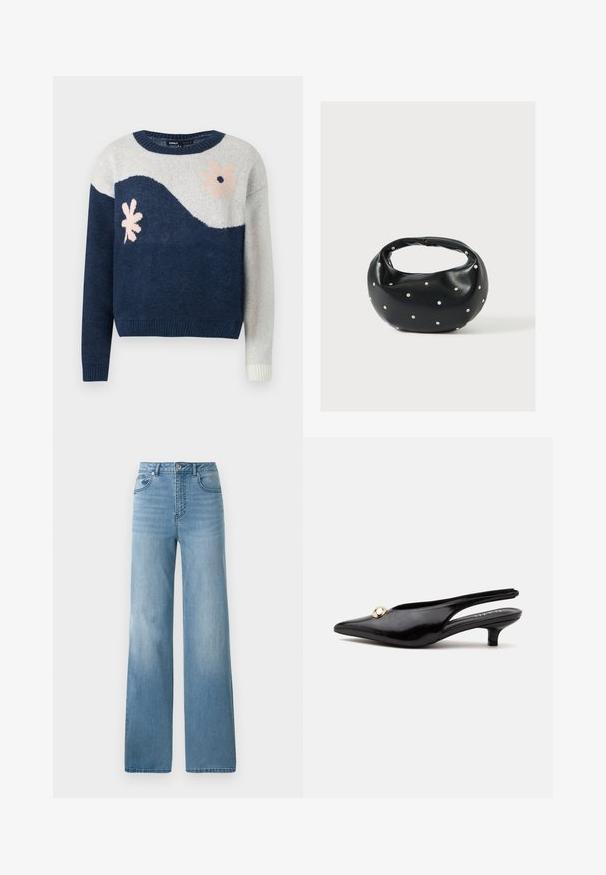 Marineblå og lysegrå strikket sweater med bølgemønster, blomstermotiv i pink og sort, rund hals, ribbede manchetter og kant.; Lyseblå højtaljede jeans med lige ben. Fremstillet af denim, med fem lommer og knaplukning.; Sort laklæderslingback med lille hæl, spids tå og en lille rund guldbesætning på toppen.; Sort læderhåndtaske med en rundet form, dekoreret med sølvnitter, og et kort håndtag. Glat tekstur og lynlåslukning.