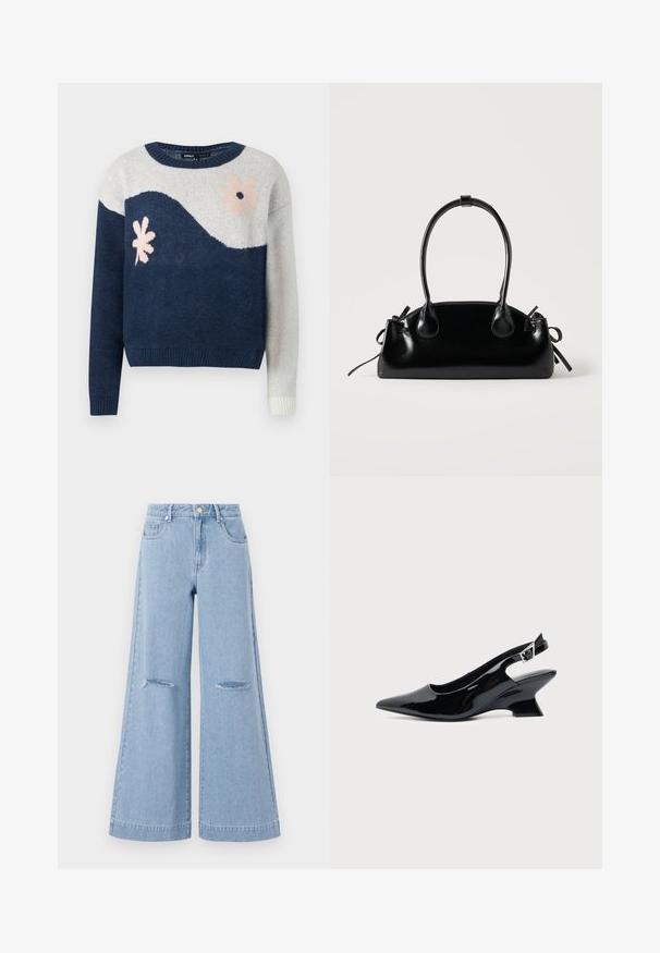 Marineblå og lysegrå strikket sweater med bølgemønster, blomstermotiv i pink og sort, rund hals, ribbede manchetter og kant.; Lyseblå bredbenede jeans med høj talje, der har to forlommer og to slidte knædetaljer, fremstillet af denimmateriale.; Sort laklæder slingback sko med spids tå og lav vinklet blokhæl på ensartet lys baggrund.; Lille sort blank håndtaske med to lange håndtag og snøre-detaljer i siden på en ensfarvet lys baggrund.
