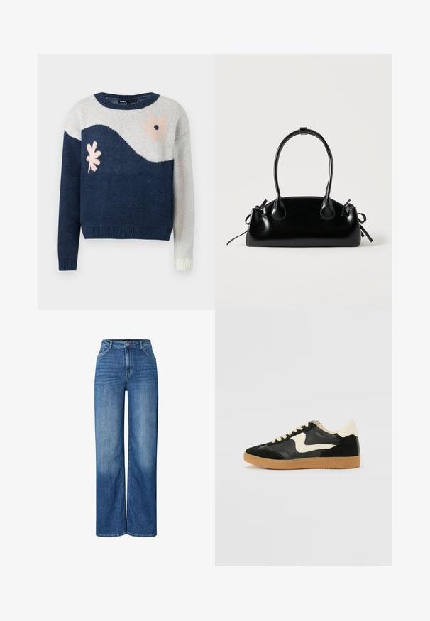 Suéter de punto en navy y gris claro con patrón de olas, diseño floral en rosa y negro, cuello redondo, puños y dobladillo acanalados.; Jeans de mezclilla azul de pierna ancha con cintura alta, que presentan áreas desgastadas, diseño tradicional de cinco bolsillos y cierre de botón en la parte frontal.; Zapatillas de deporte de ante y cuero negro con un swoosh lateral en crema y un talón en crema claro. Presenta cordones beige y una suela de goma marrón.; Pequeño bolso negro brillante con dos asas largas y detalles de cordón lateral sobre un fondo claro liso.