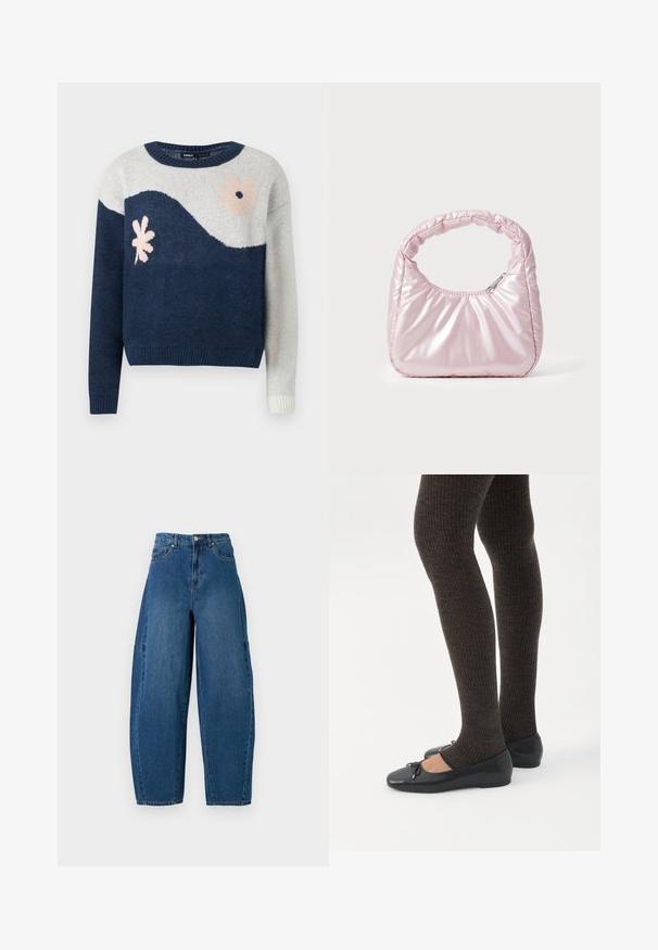Marineblå og lysegrå strikket sweater med bølgemønster, blomstermotiv i pink og sort, rund hals, ribbede manchetter og kant.; Denimjeans i en mellemblå vask, med højt liv, bred benpasform og standard fem-lomme design med synlige stikninger.; Ben iført mørke ribbede leggings kombineret med sorte balletsko med små sløjfedetaljer på hvid baggrund.; Rosa, polstret håndtaske med afrundet design, lavet af skinnende materiale. Har et samlet håndtag og en lynlås til sikker adgang.