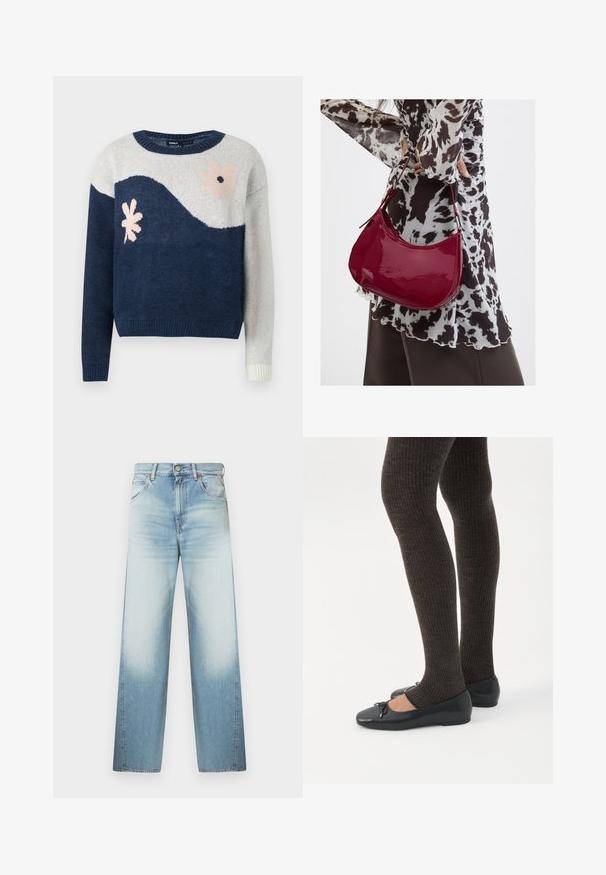 Pull en tricot bleu marine et gris clair avec motif en vagues, design floral en rose et noir, col rond, poignets et ourlet côtelés.; Jean en denim bleu clair à coupe ample, avec une taille haute, un design à cinq poches et un délavage subtil vers le bas des jambes.; Jambes portant des leggings côtelés foncés associés à des ballerines noires avec de petits détails en nœud sur fond blanc.; Femme portant un chemisier à motif noir et blanc tenant un sac à main rouge brillant sur un fond uni.