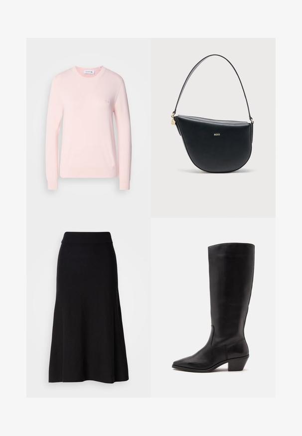 Lys pink strikket sweater med rund hals, lange ærmer og ribbede manchetter. Har et lille broderet logo på brystet. Blød tekstur.; Sort strikfløjet nederdel med bred talje, midi-længde, glat tekstur og ingen synlige mønstre eller hardware detaljer.; Sort læderstøvle til midtkalv med spids tå og lavt skråt hæl på en enkel lys baggrund.; Sort lædertaske i halvmåneform med enkelt skulderrem og gyldent BOSS-logo centreret på forsiden.