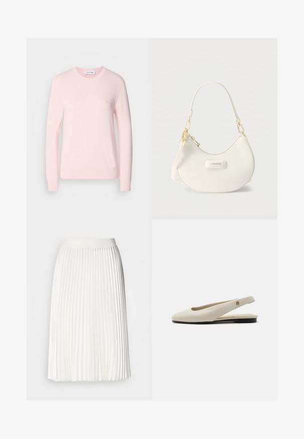 Suéter de punto rosa claro con cuello redondo, mangas largas y puños de canalé. Presenta un pequeño logotipo bordado en el pecho. Textura suave.; Falda blanca plisada con una cinturilla suave, diseño a la altura de la rodilla, que presenta una textura fluida y pliegues verticales consistentes.; Zapato plano slingback de cuero color crema con puntera redondeada y pequeño emblema dorado en la correa.; Bolso de hombro blanco con forma de media luna, con herrajes en tono dorado, cierre de cremallera y logo "LACOSTE" en el panel frontal.
