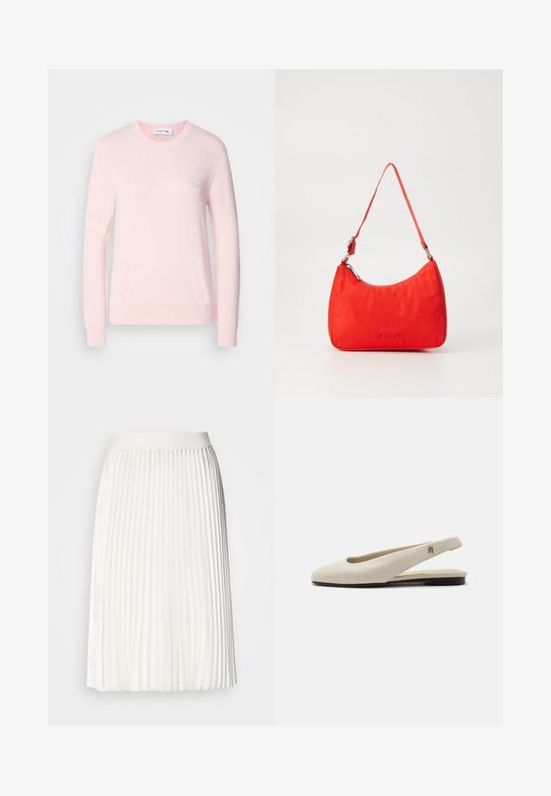 Suéter de punto rosa claro con cuello redondo, mangas largas y puños de canalé. Presenta un pequeño logotipo bordado en el pecho. Textura suave.; Falda blanca plisada con una cinturilla suave, diseño a la altura de la rodilla, que presenta una textura fluida y pliegues verticales consistentes.; Zapato plano slingback de cuero color crema con puntera redondeada y pequeño emblema dorado en la correa.; Bolso de mano de nylon rojo con una silueta curva, una sola correa, herrajes plateados y detalle de logo en relieve en la parte frontal. Textura suave.